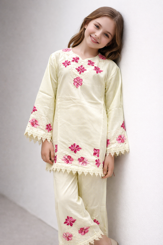 Cotton Embroidery Kurti Set 1520 Cream