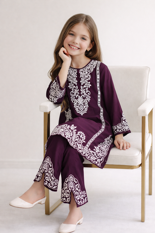 Cotton Embroidery Kurti set 1522 Wine