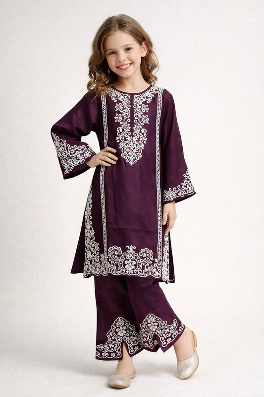 Cotton Embroidery Kurti set 1522 Wine