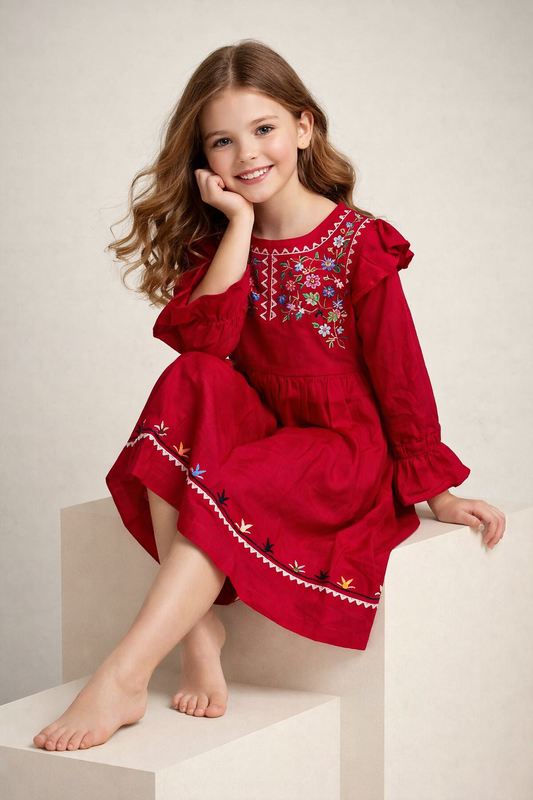 Cotton Embroidery Frock 1152 Red