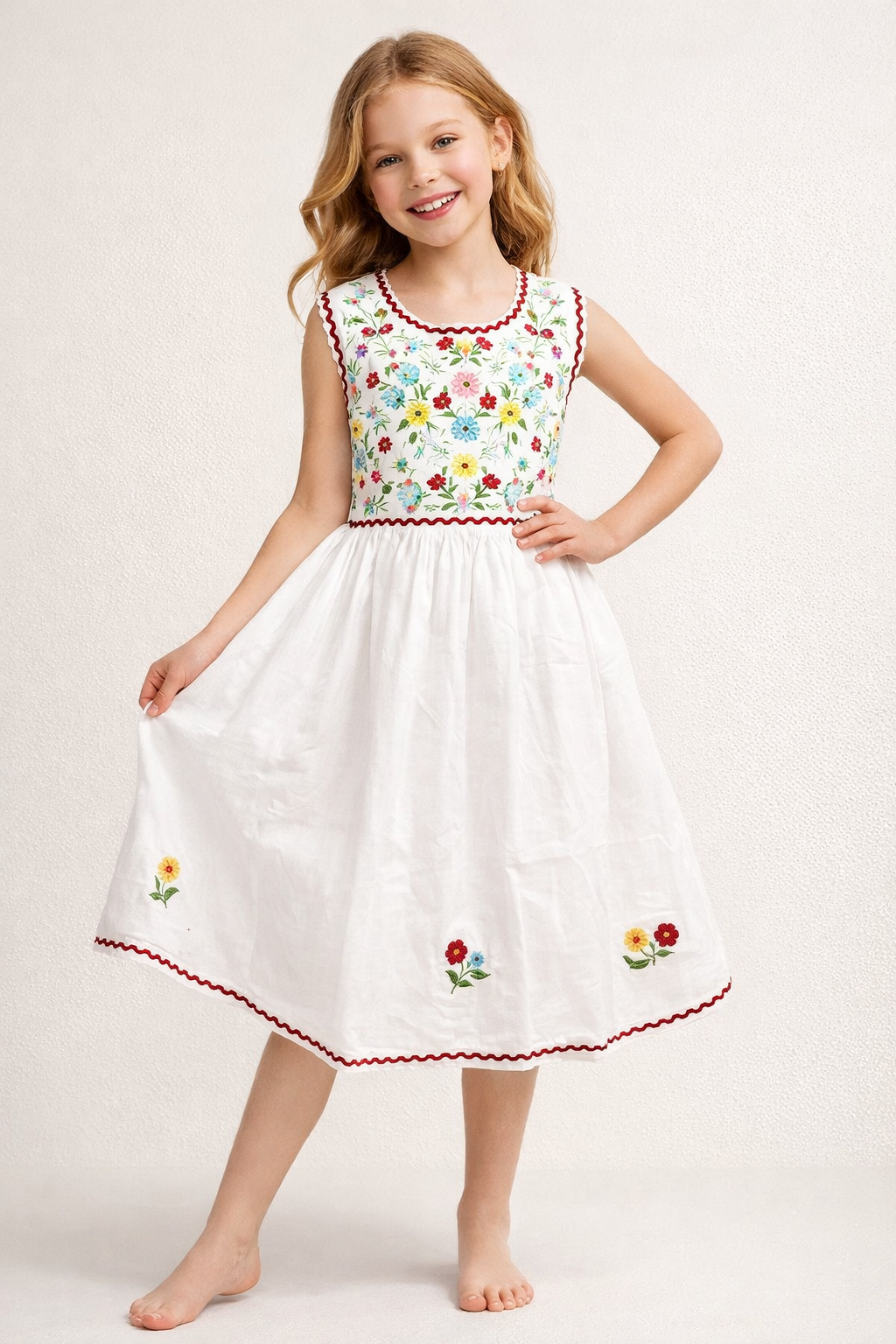 Cotton Embroidery Sleeveless Frock 1155 White