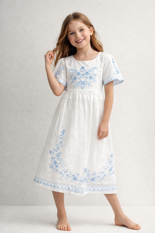 Cotton Embroidery Sleeveless Frock 1156 White
