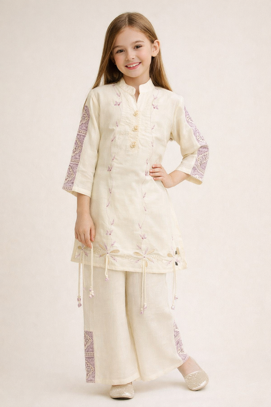 Cotton Embroidery Cut Work Kurti Set 1524 Cream