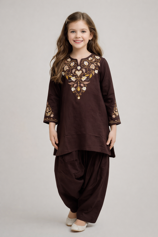Cotton Embroidery Farshi Pant Set 1527 Brown