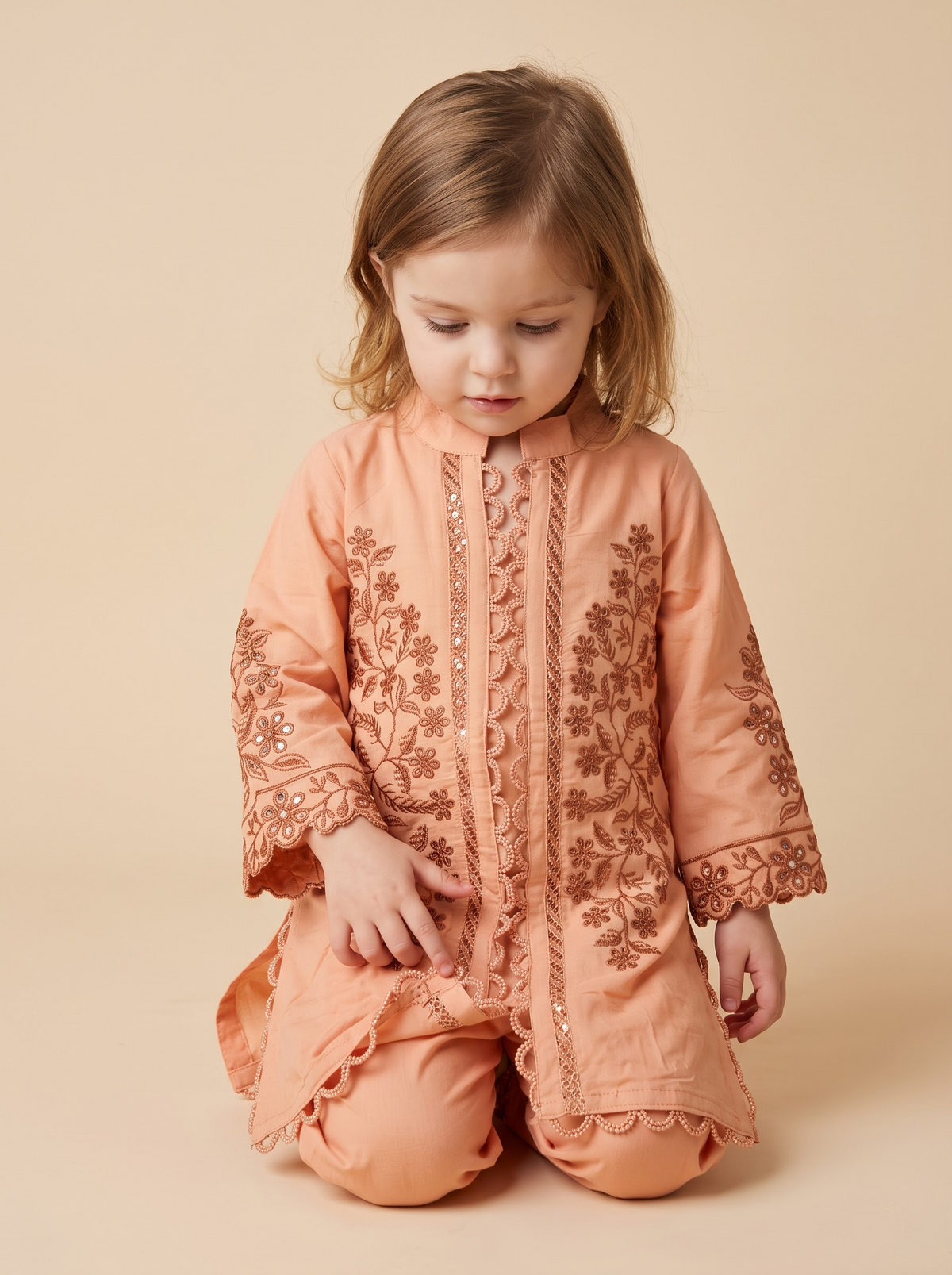 Girls Peach Cotton Embroidery Work Kurti Set | 1776 Peach