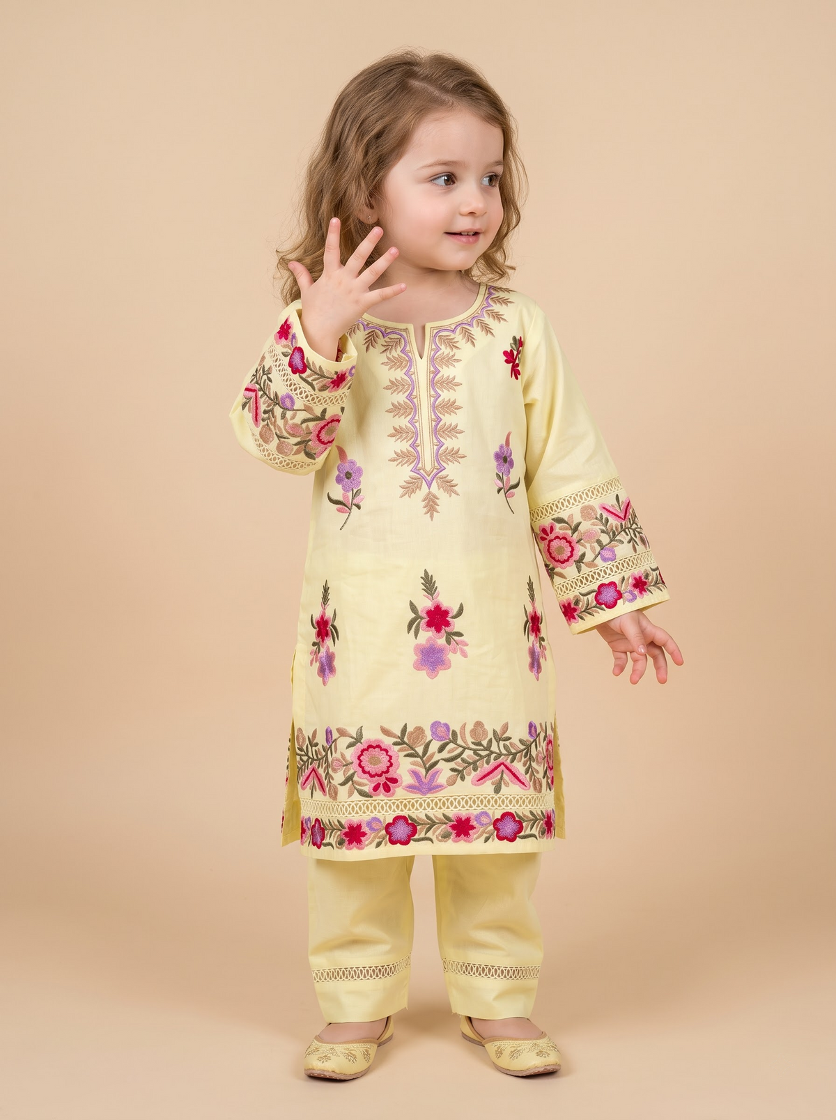 Girls Yellow Cotton Embroidery Work Kurti Set | 1786 Yellow