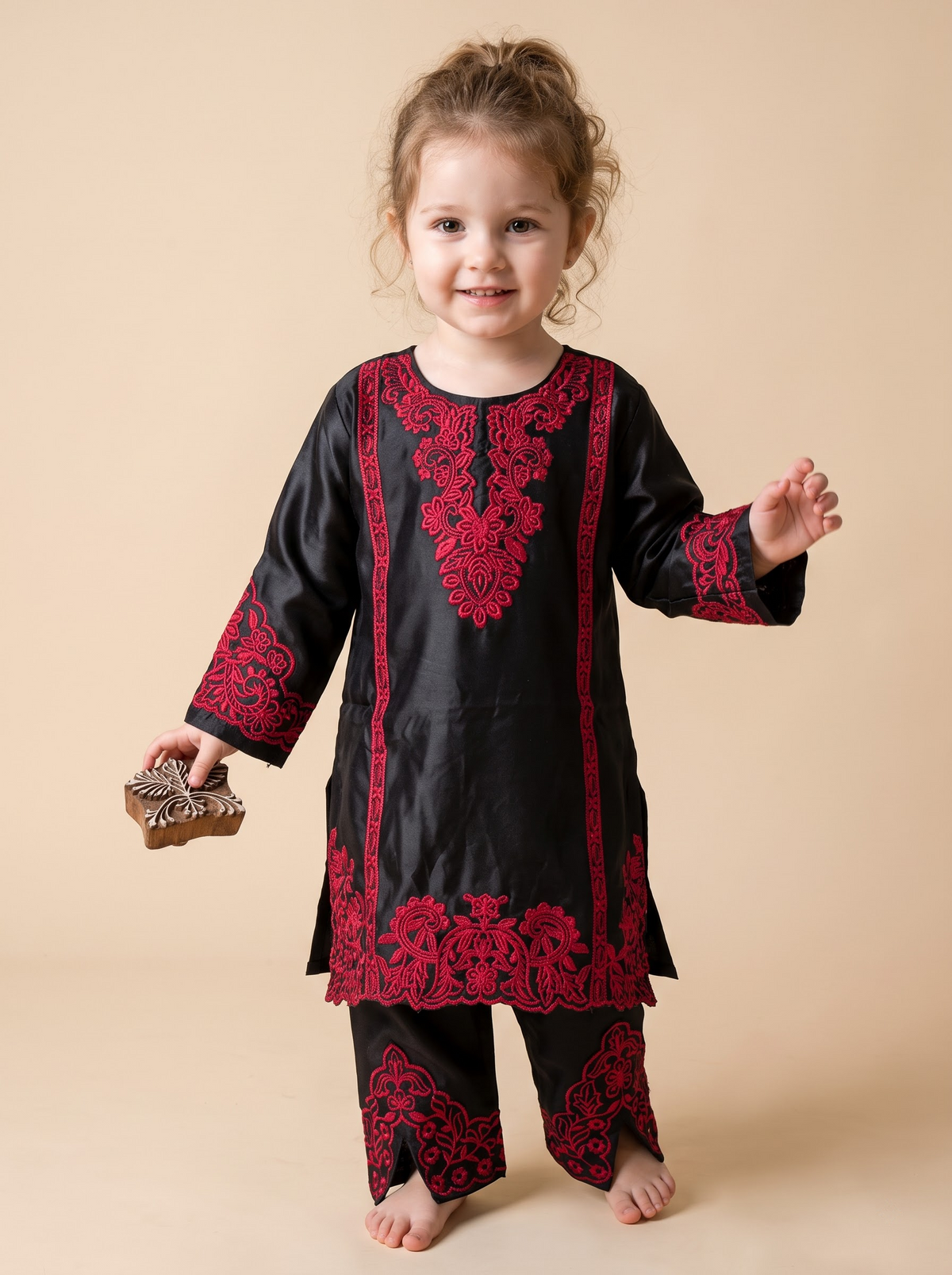 Girls Black Cotton Embroidery Work Kurti Set - 1781 Black