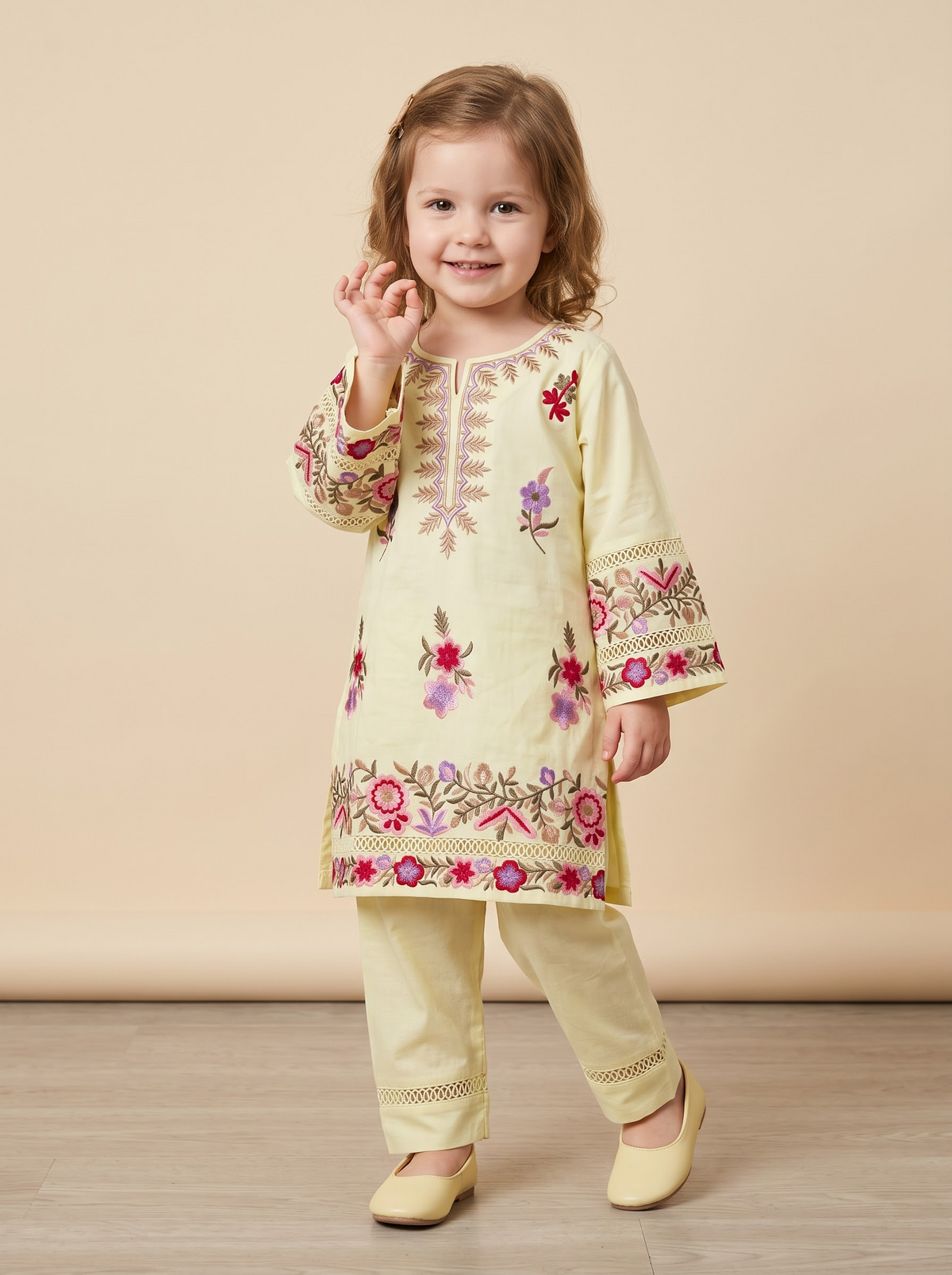 Girls Yellow Cotton Embroidery Work Kurti Set | 1786 Yellow