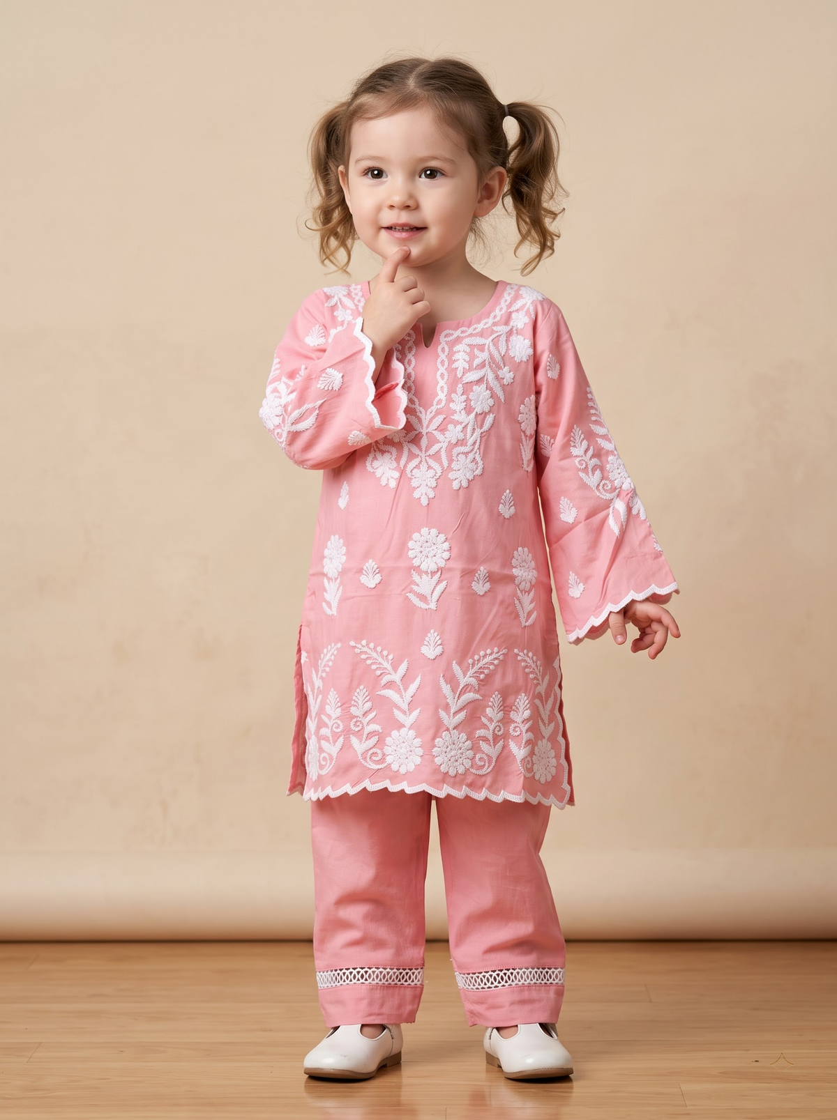 Girls Pink Cotton Embroidery Work Kurti Set | 1782 Pink