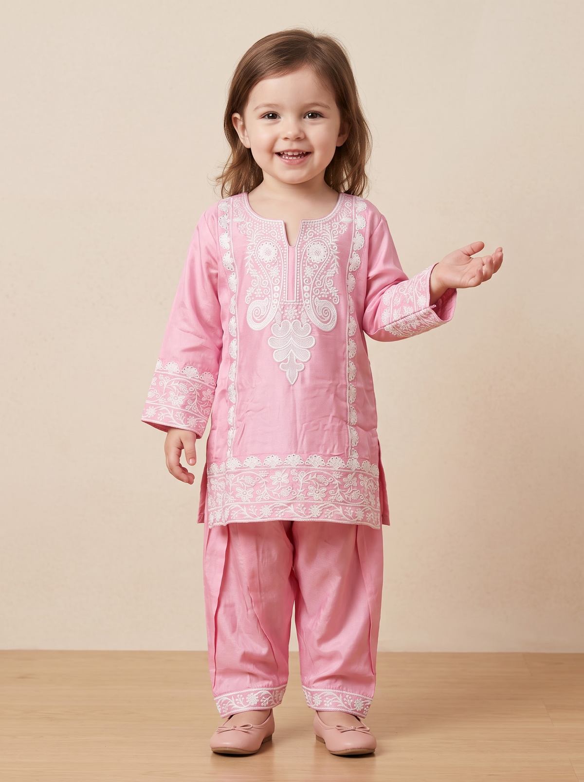 Girls Pink Cotton Embroidery Work Kurti Set | 1778 Pink