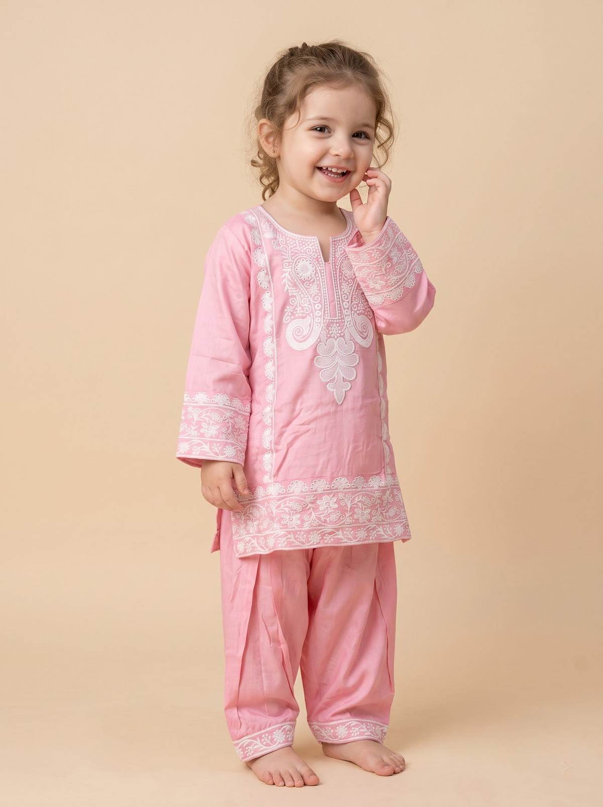 Girls Pink Cotton Embroidery Work Kurti Set | 1778 Pink