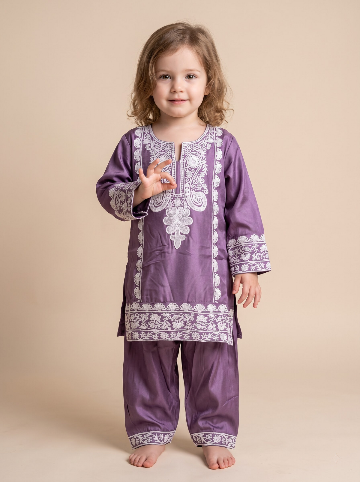 Girls Purple Cotton Embroidery Work Kurti Set - 1783 Purple
