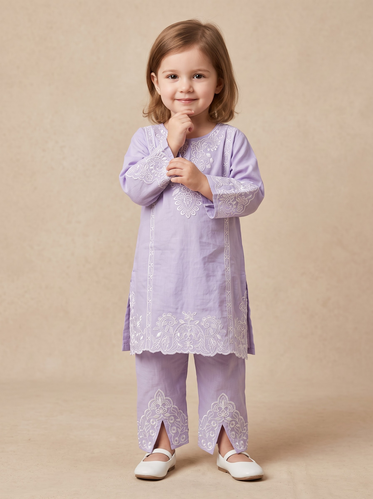 Girls Purple Cotton Embroidery Work Kurti Set - 1779 Purple