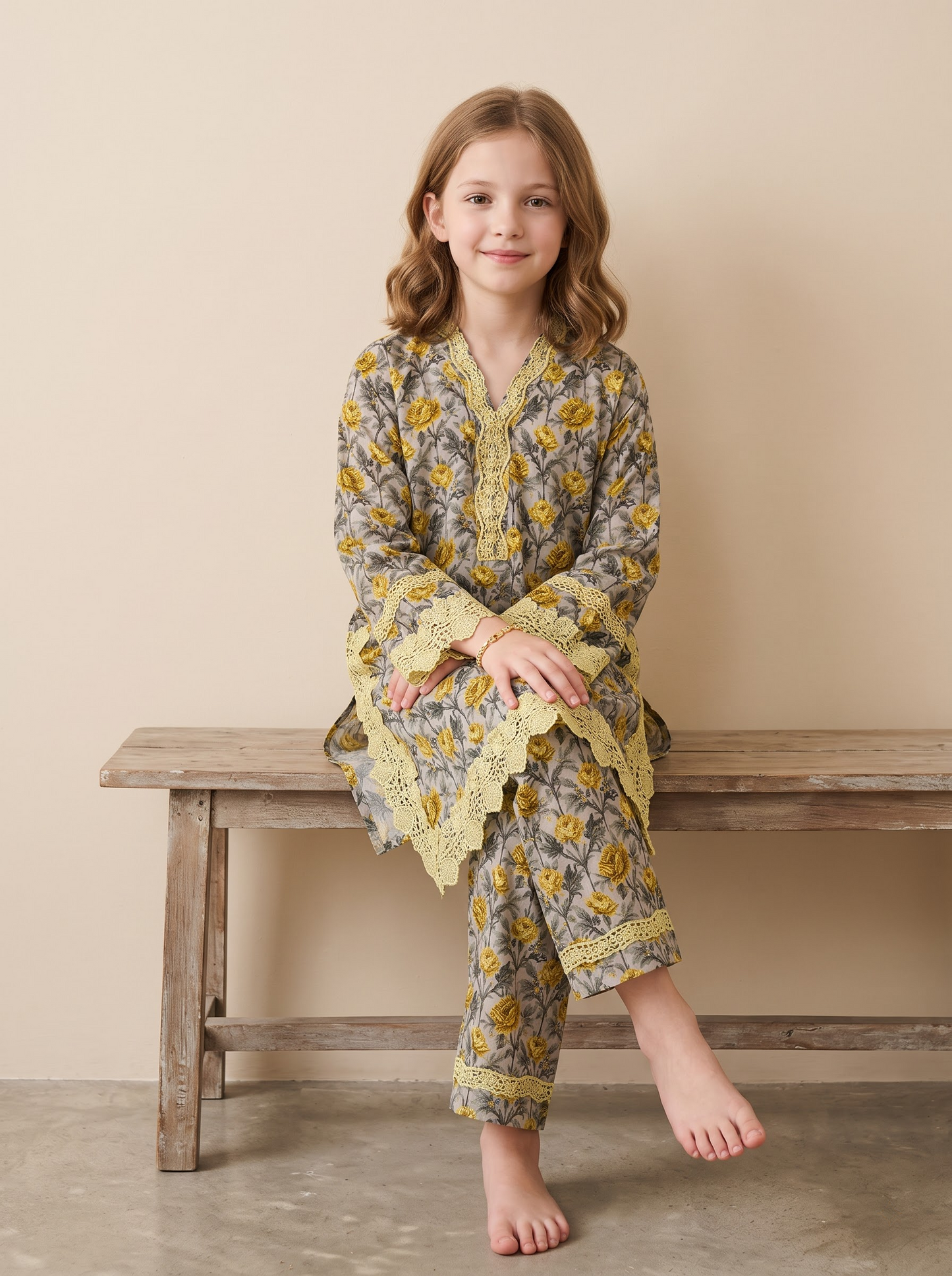 Cotton Printed Lace Work Kurti Set 1674 Grey