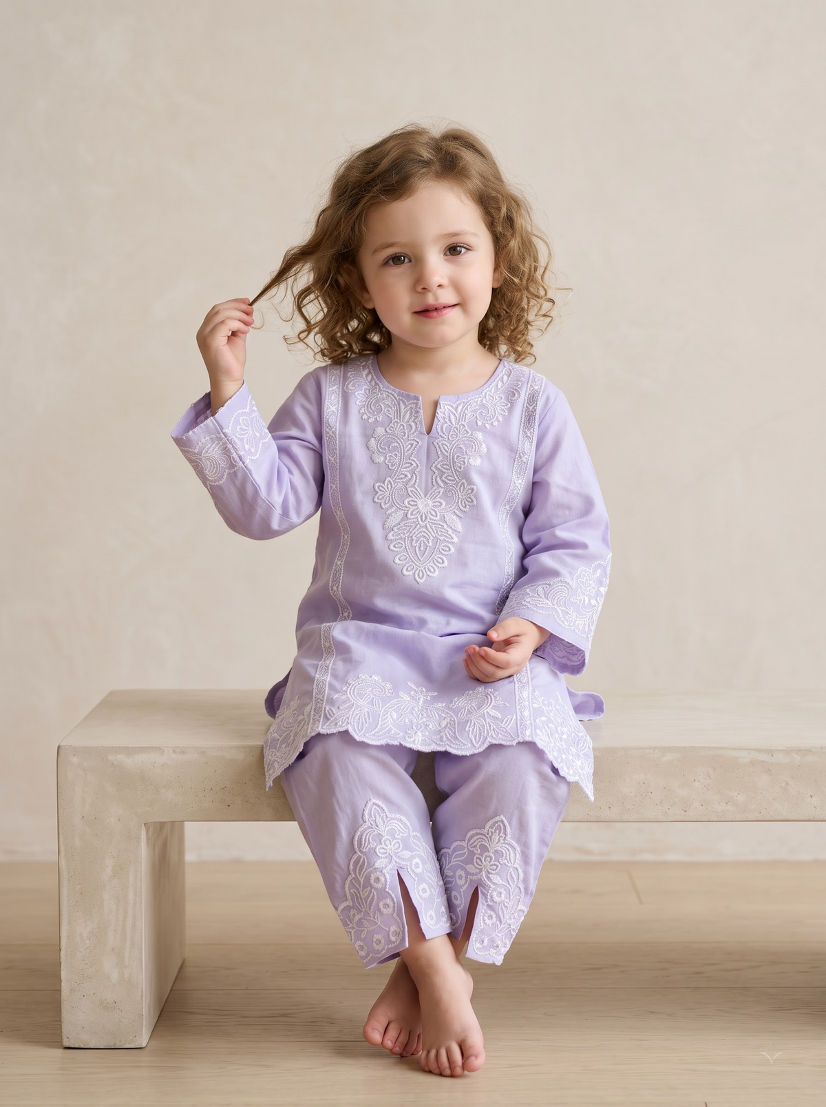 Girls Purple Cotton Embroidery Work Kurti Set - 1779 Purple