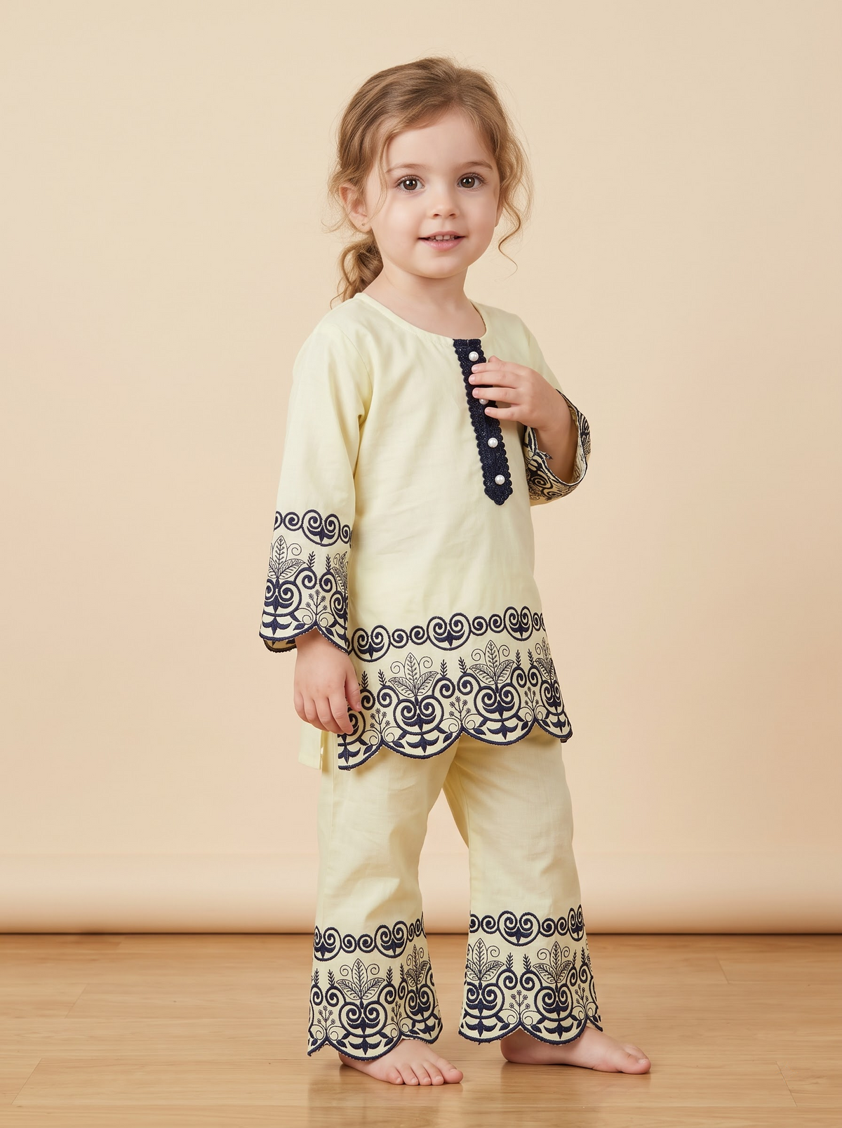 Girls Yellow Cotton Embroidery Work Kurti Set | 1784 Yellow