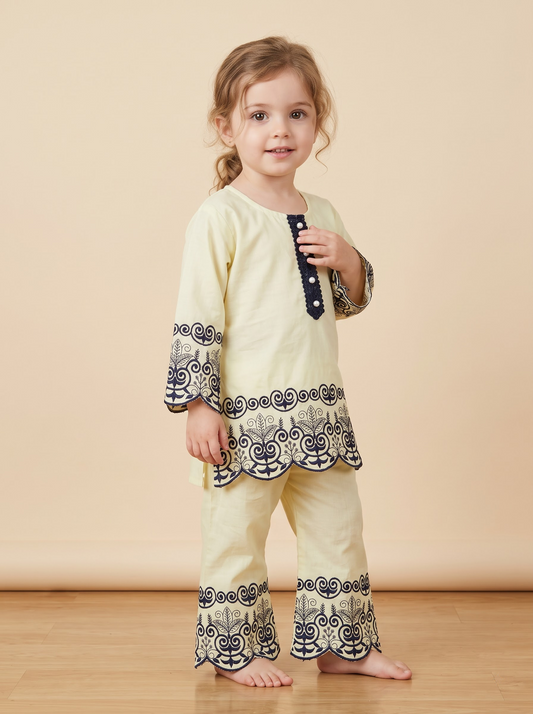 Girls Yellow Cotton Embroidery Work Kurti Set | 1784 Yellow