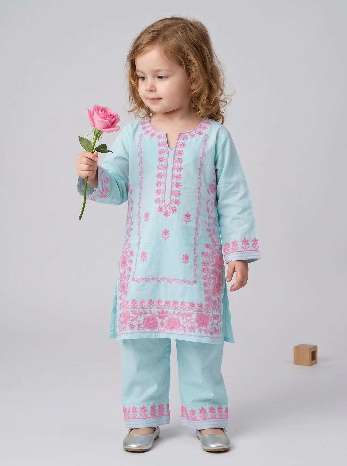Girls Blue Cotton Embroidery Work Kurti Set | 1788 Blue