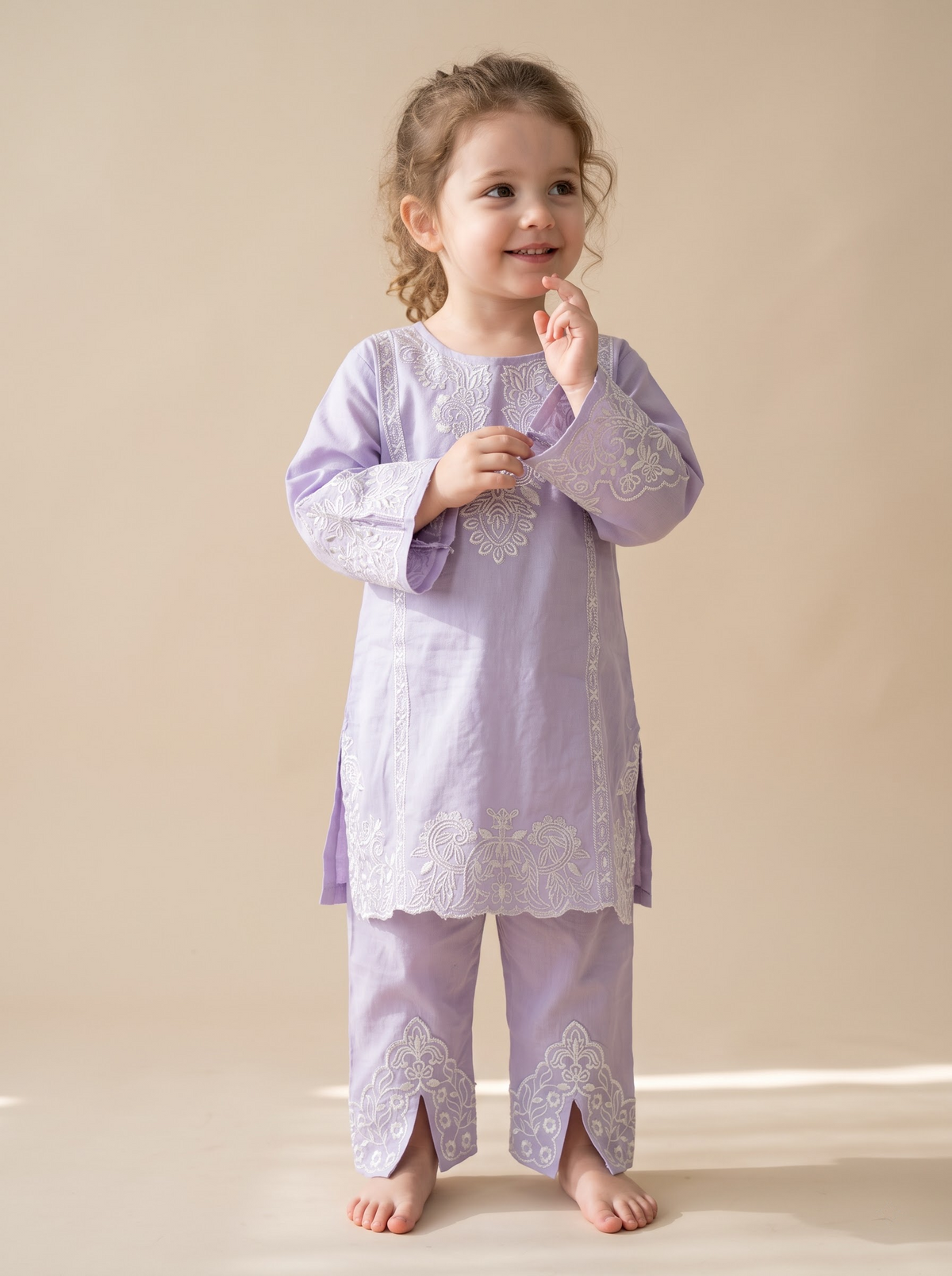 Girls Purple Cotton Embroidery Work Kurti Set - 1779 Purple