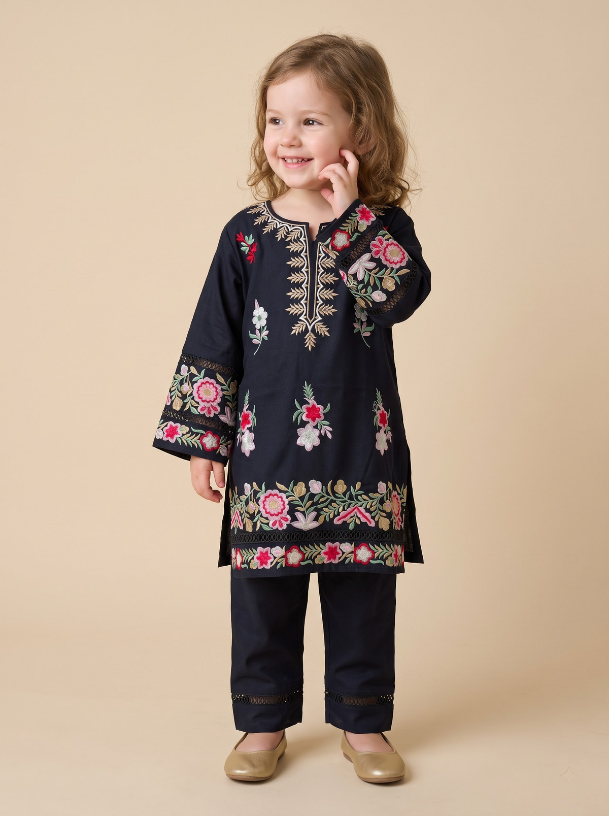 Girls Black Cotton Embroidery Work Kurti Set - 1777 Black
