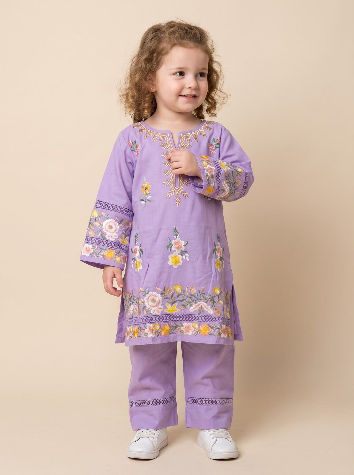 Girls Purple Cotton Embroidery Work Kurti Set | 1780 Purple