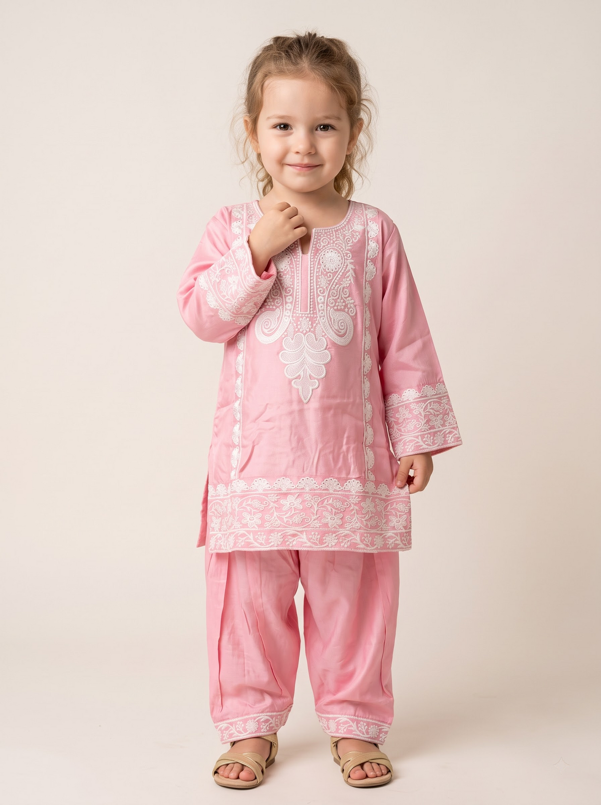 Girls Pink Cotton Embroidery Work Kurti Set | 1778 Pink