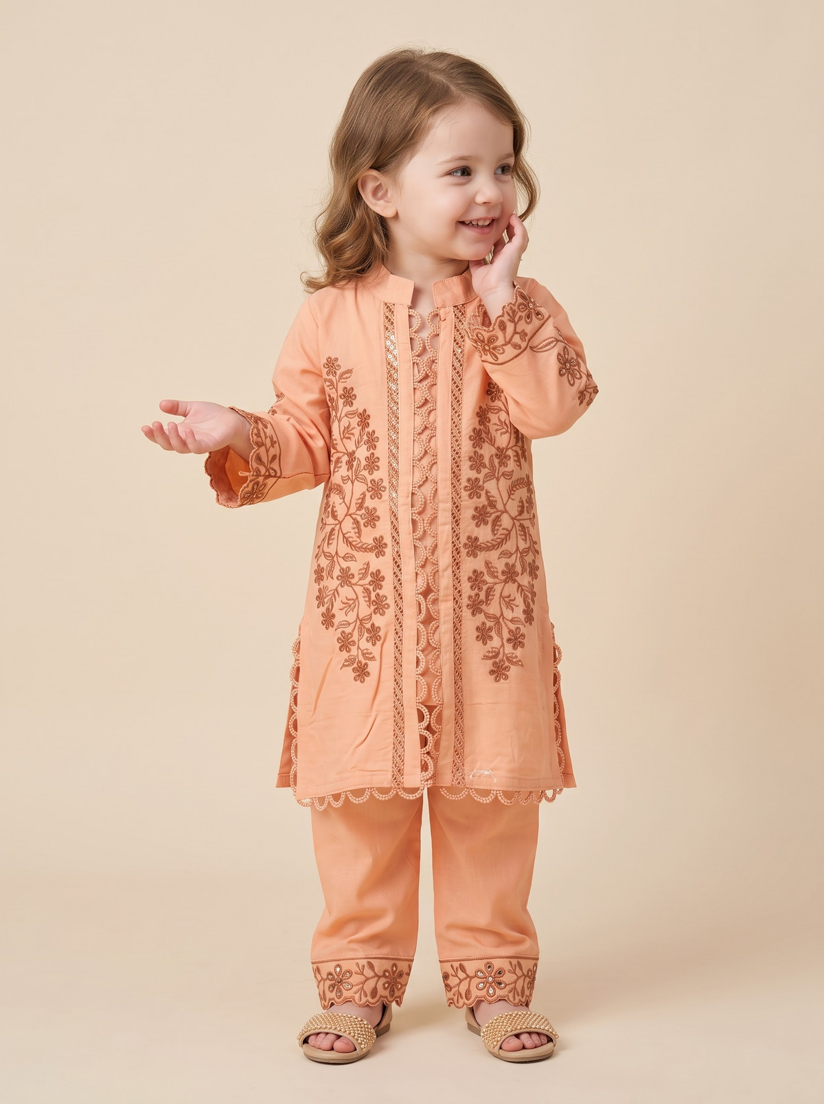 Girls Peach Cotton Embroidery Work Kurti Set | 1776 Peach