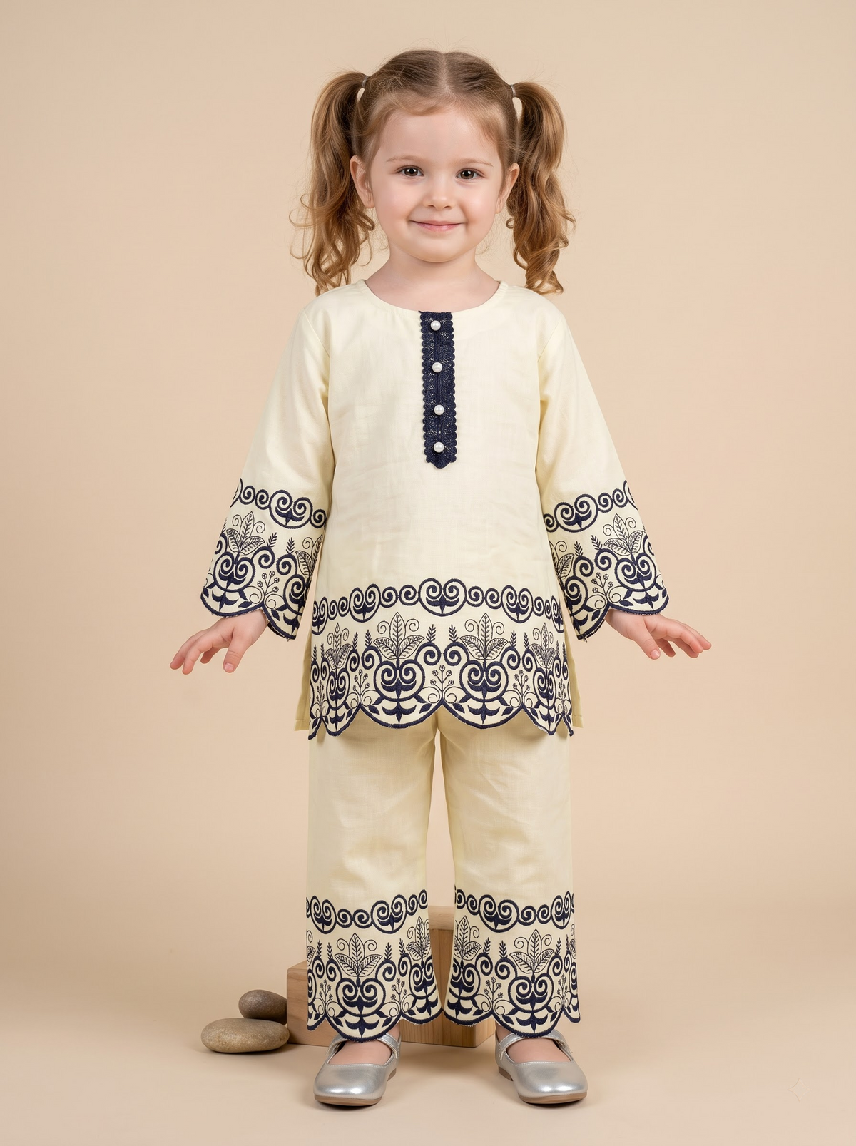 Girls Yellow Cotton Embroidery Work Kurti Set | 1784 Yellow