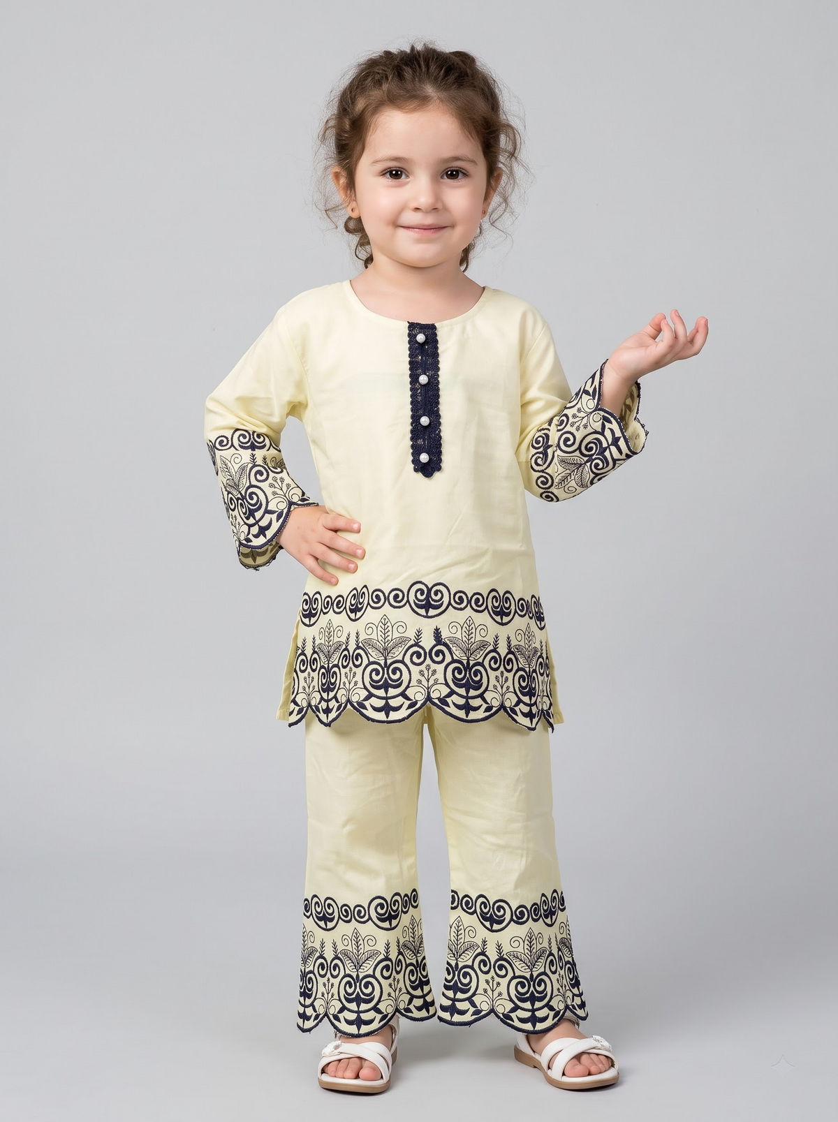 Girls Yellow Cotton Embroidery Work Kurti Set | 1784 Yellow