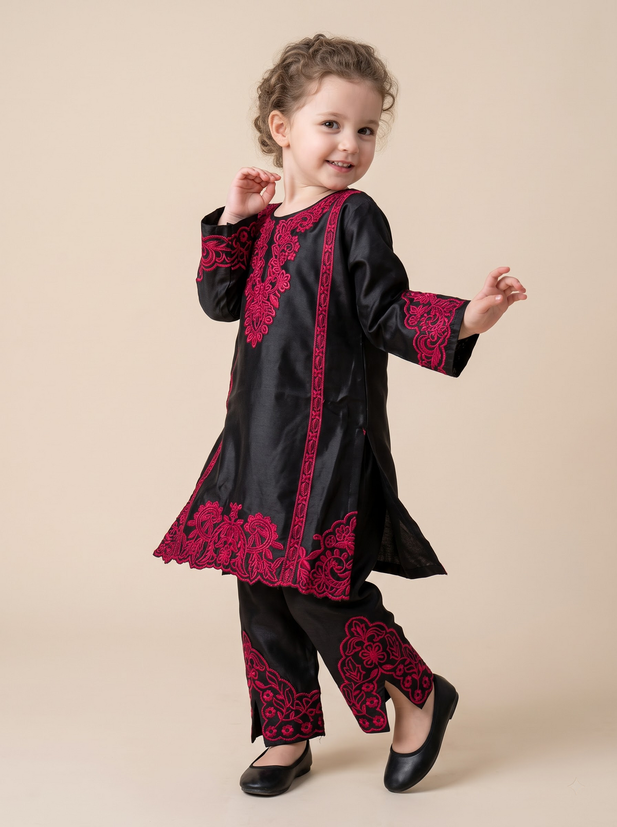 Girls Black Cotton Embroidery Work Kurti Set - 1781 Black
