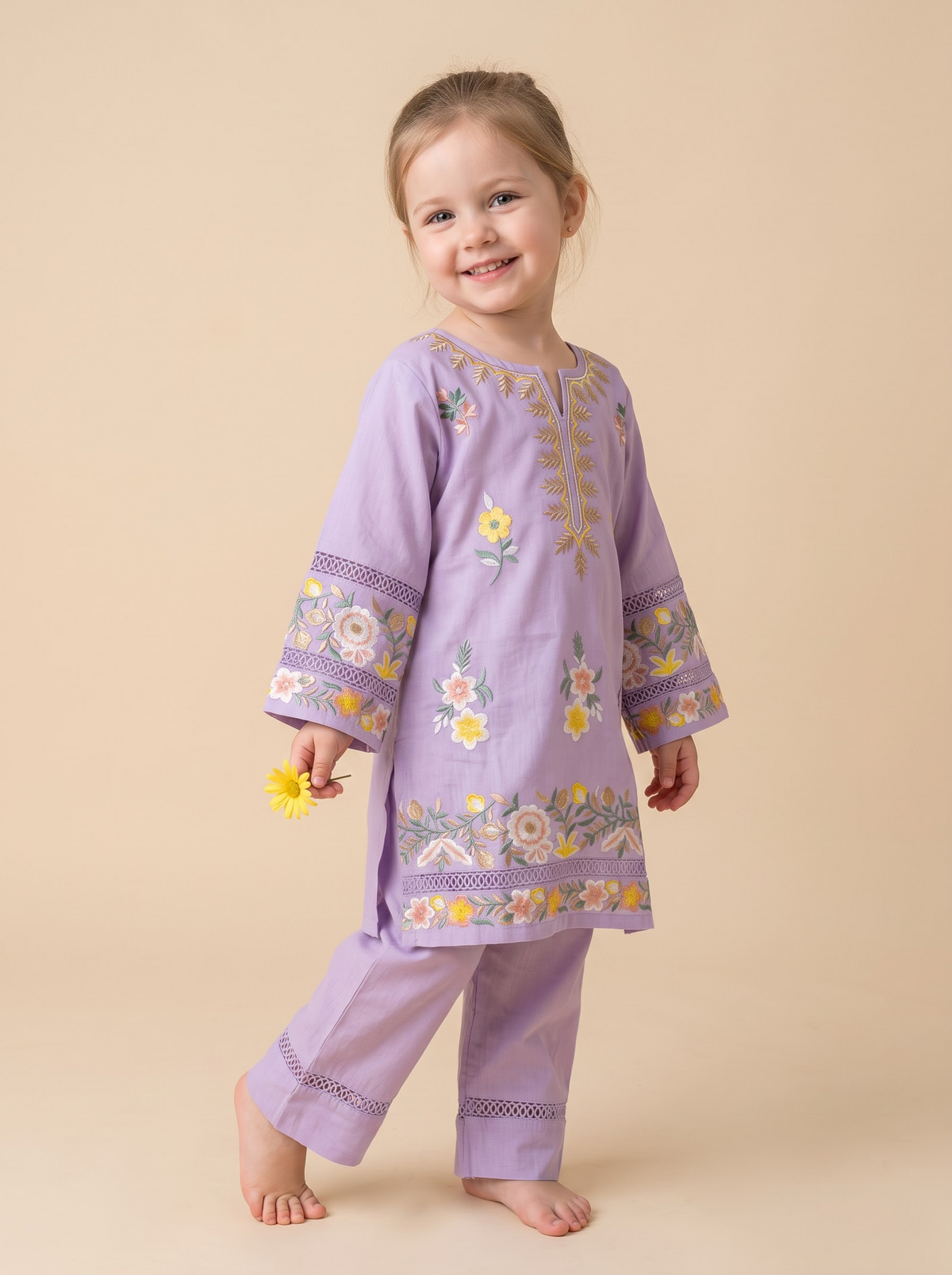Girls Purple Cotton Embroidery Work Kurti Set | 1780 Purple