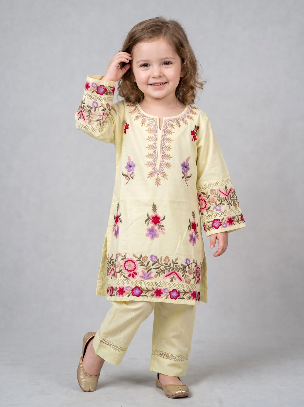 Girls Yellow Cotton Embroidery Work Kurti Set | 1786 Yellow