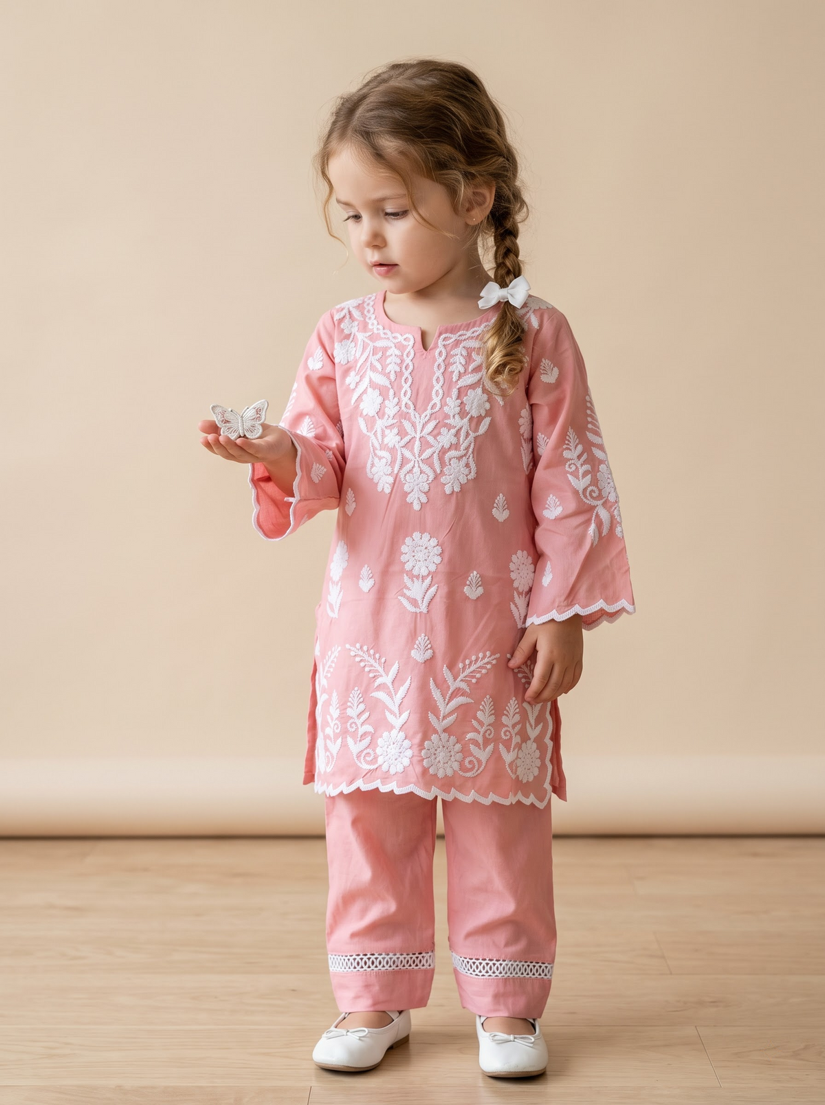 Girls Pink Cotton Embroidery Work Kurti Set | 1782 Pink