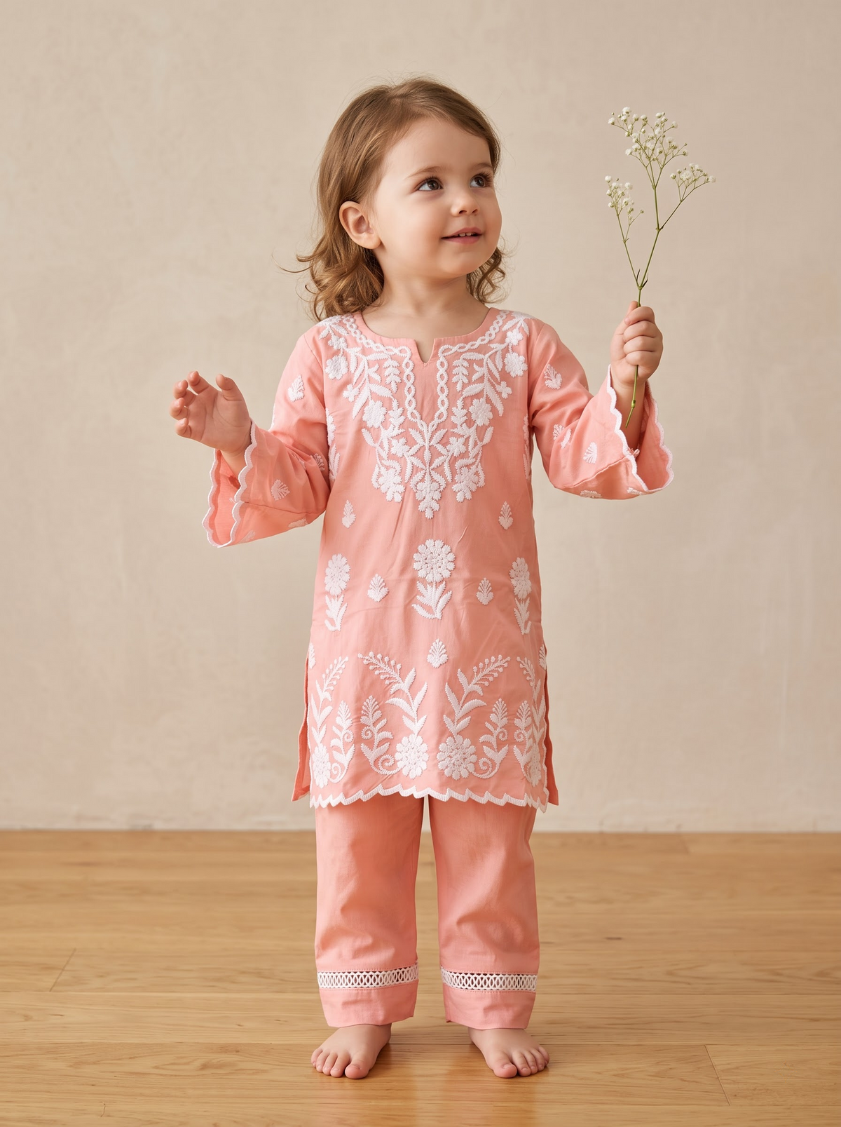 Girls Pink Cotton Embroidery Work Kurti Set | 1782 Pink