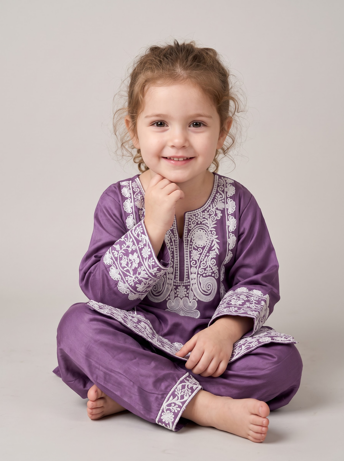 Girls Purple Cotton Embroidery Work Kurti Set - 1783 Purple