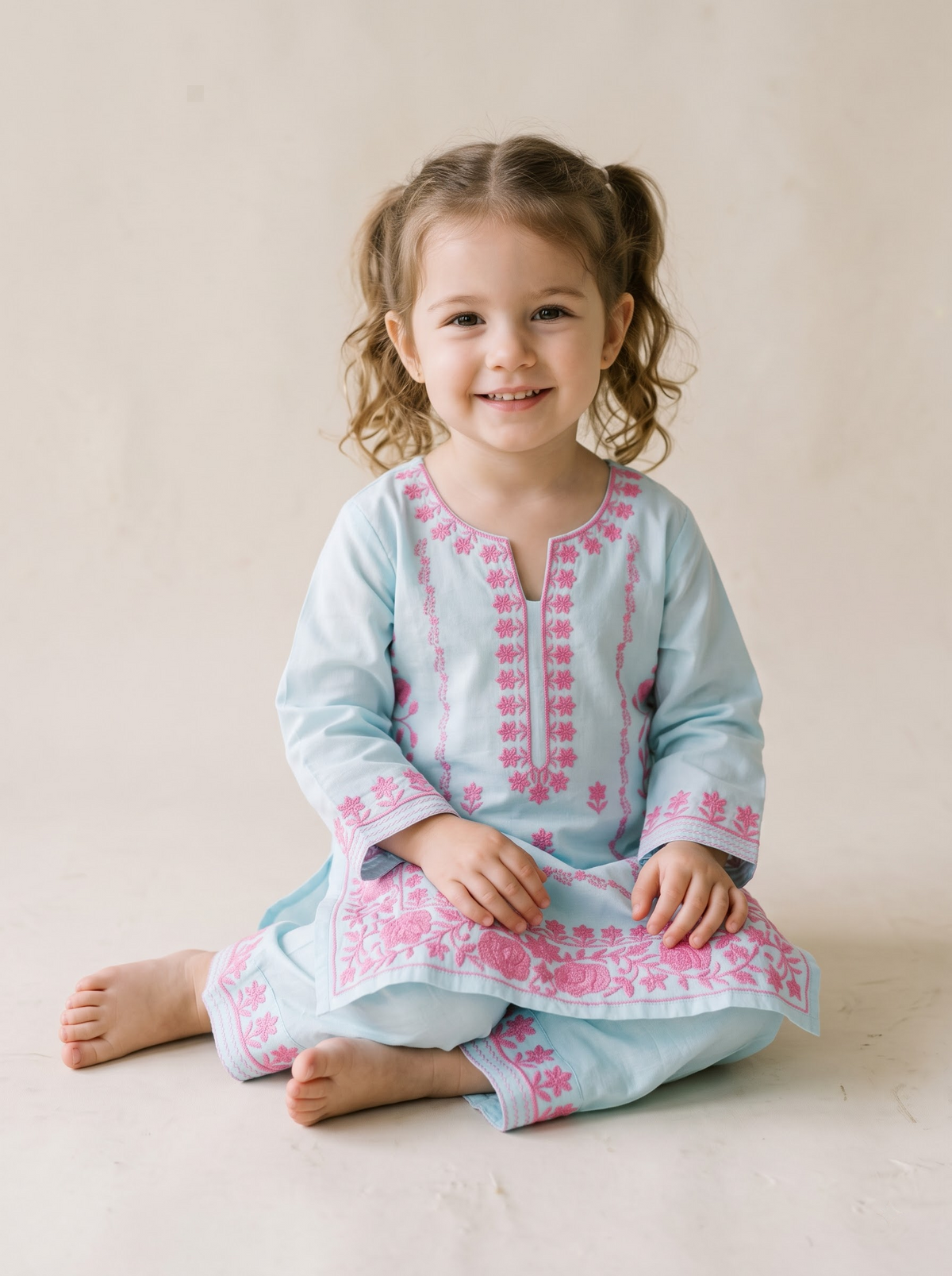 Girls Blue Cotton Embroidery Work Kurti Set | 1788 Blue