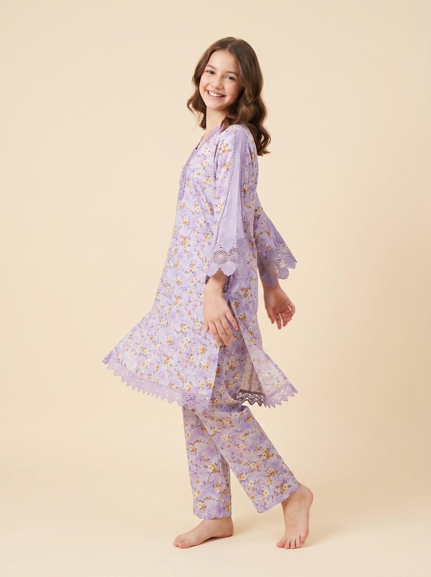 Cotton Printed Lace Work Kurti Set 1558 Purple