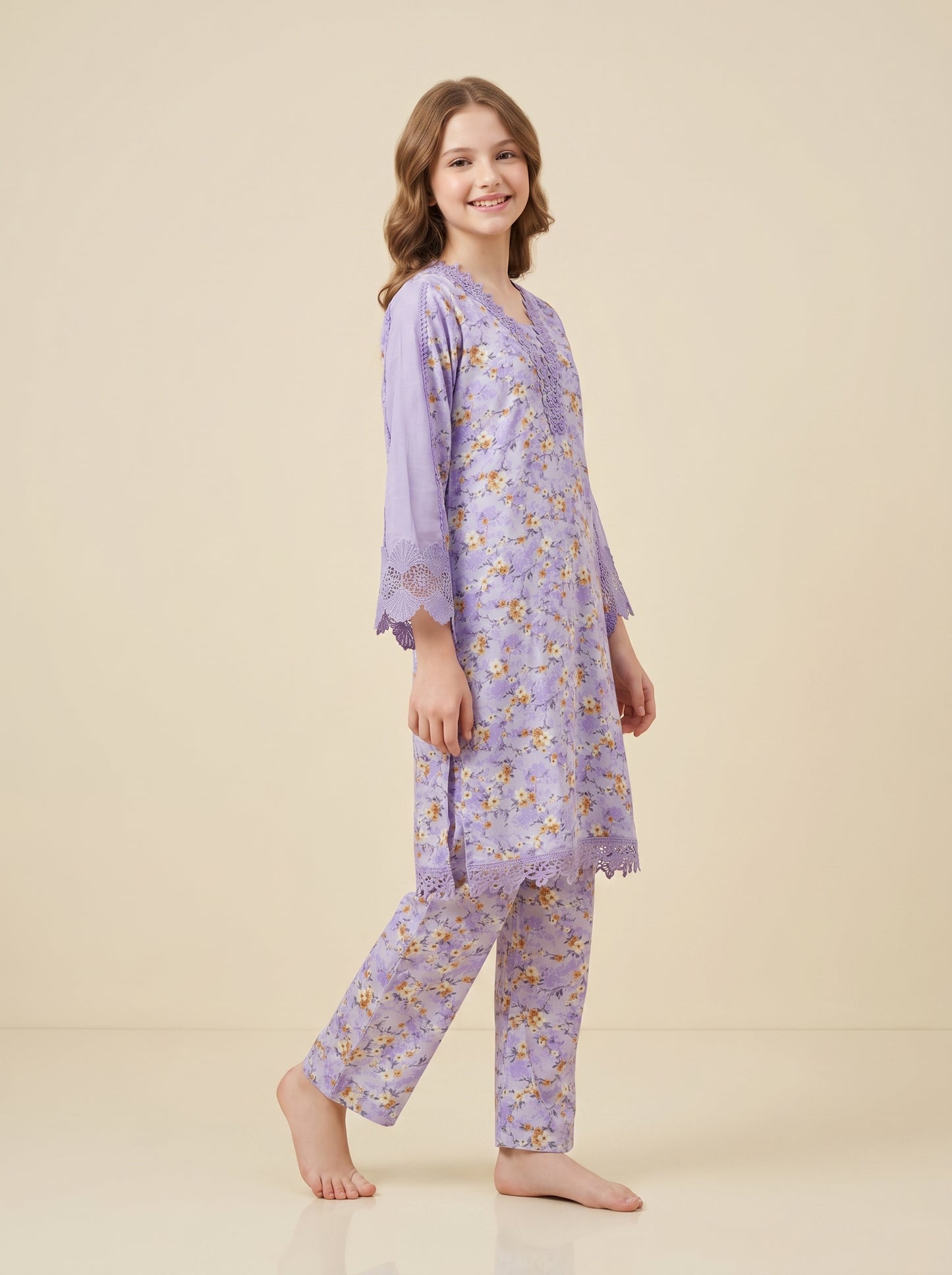 Cotton Printed Lace Work Kurti Set 1558 Purple