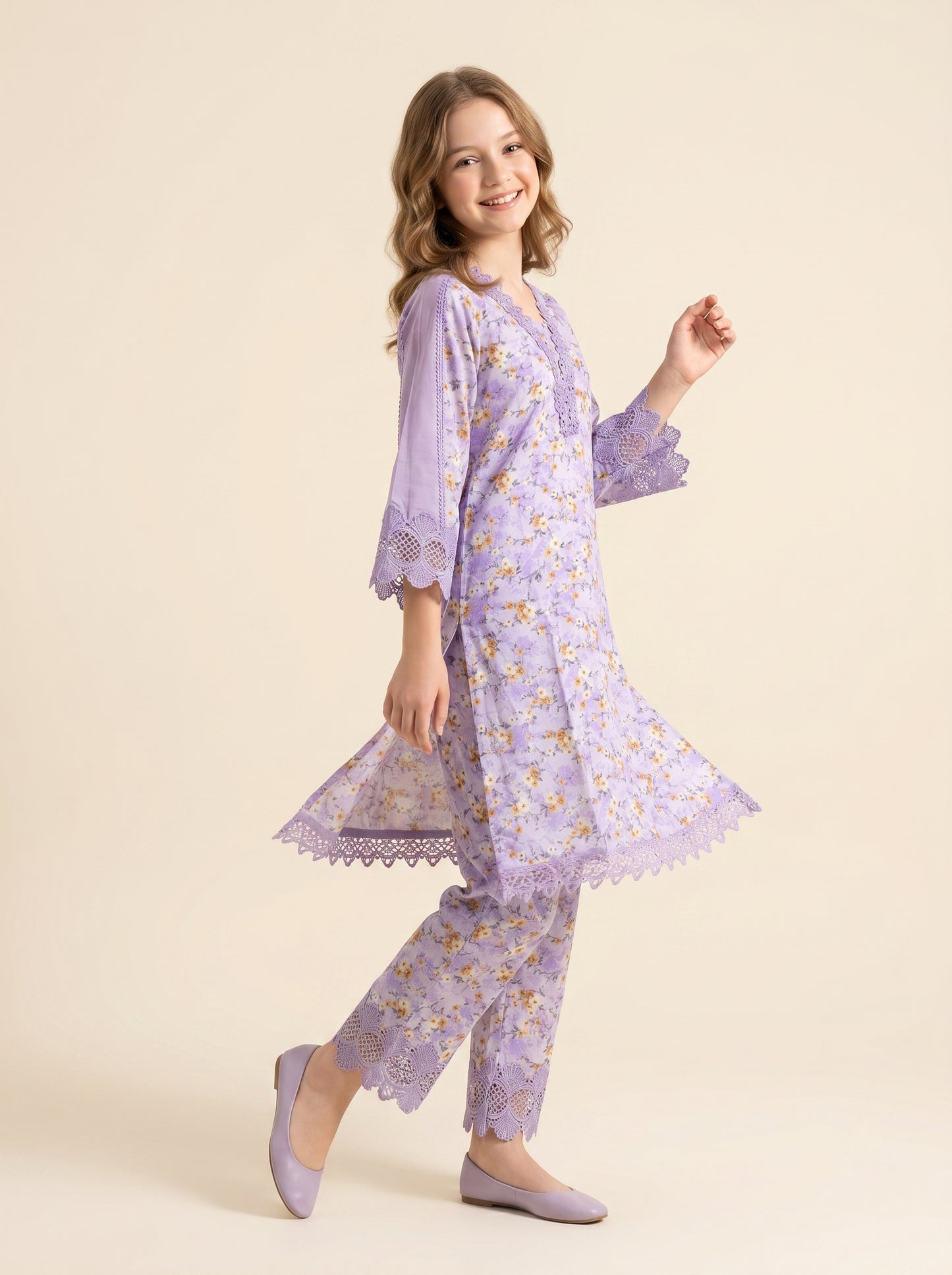 Cotton Printed Lace Work Kurti Set 1558 Purple