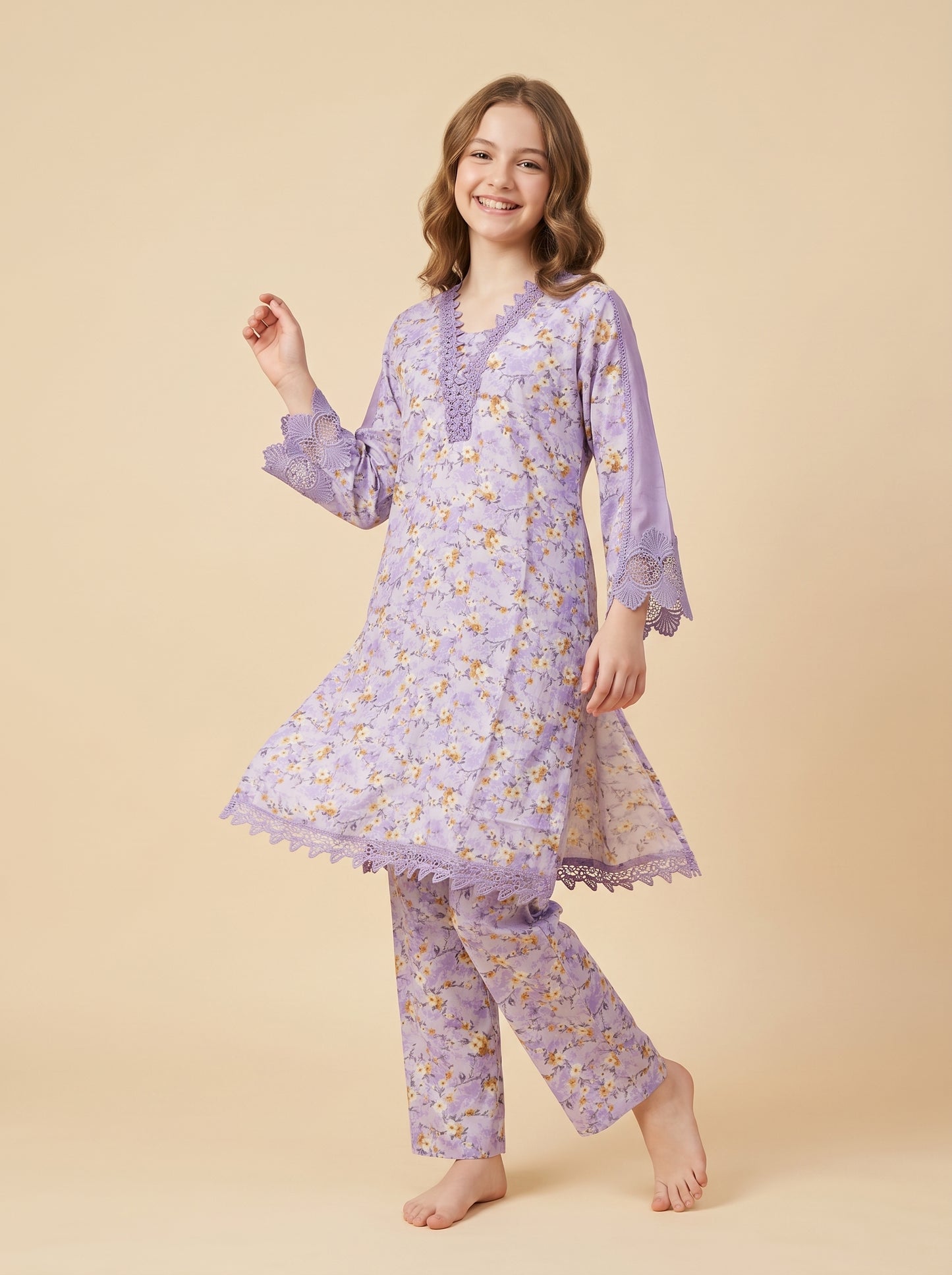 Cotton Printed Lace Work Kurti Set 1558 Purple