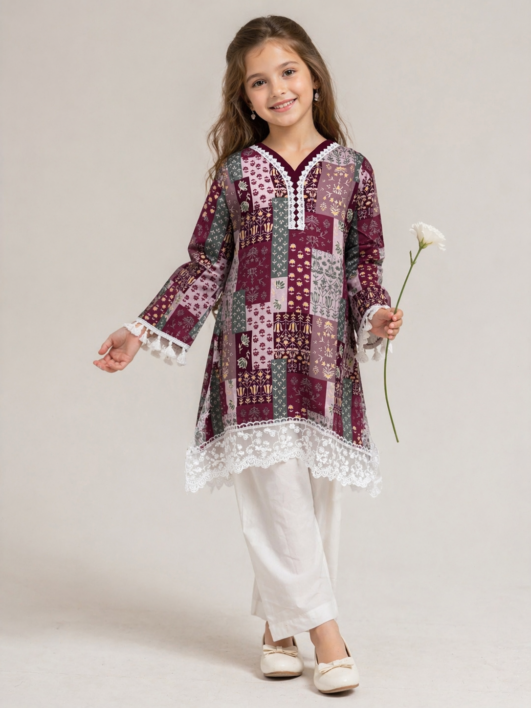 Cotton Printed Lace work frock set 1529 Pink