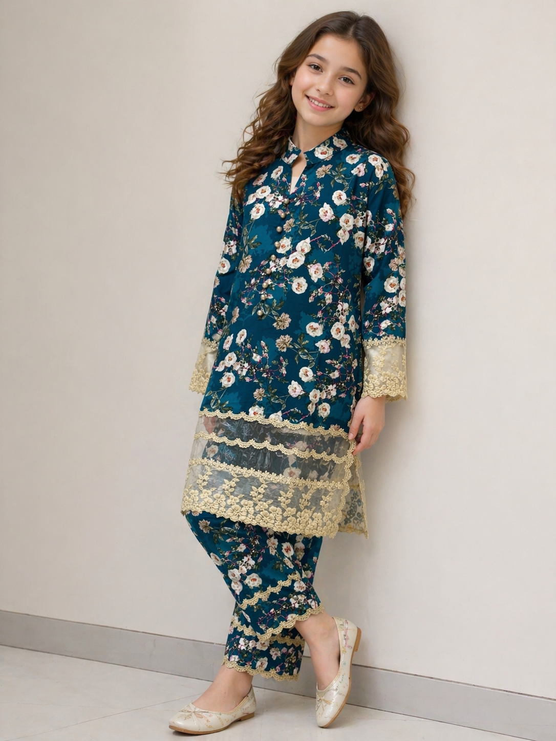 Cotton Printed Lace Work Kurti set 1528 Green