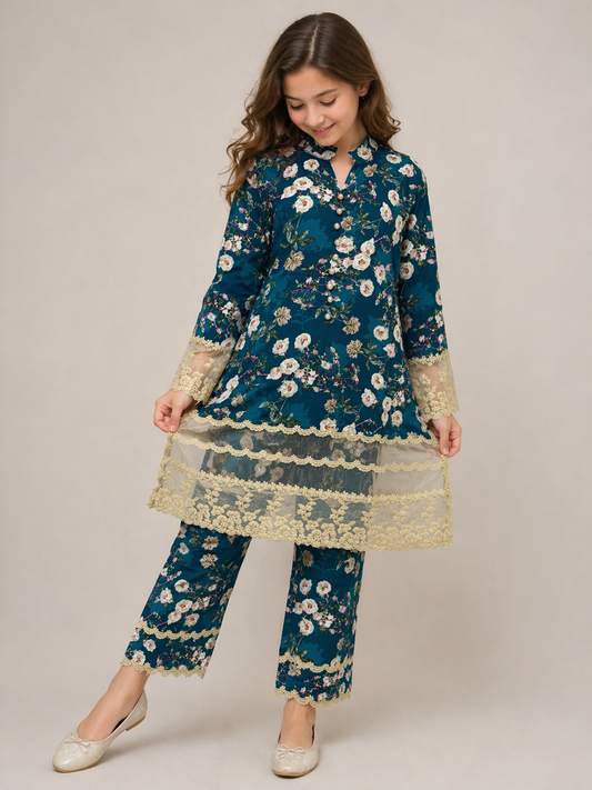 Cotton Printed Lace Work Kurti set 1528 Green