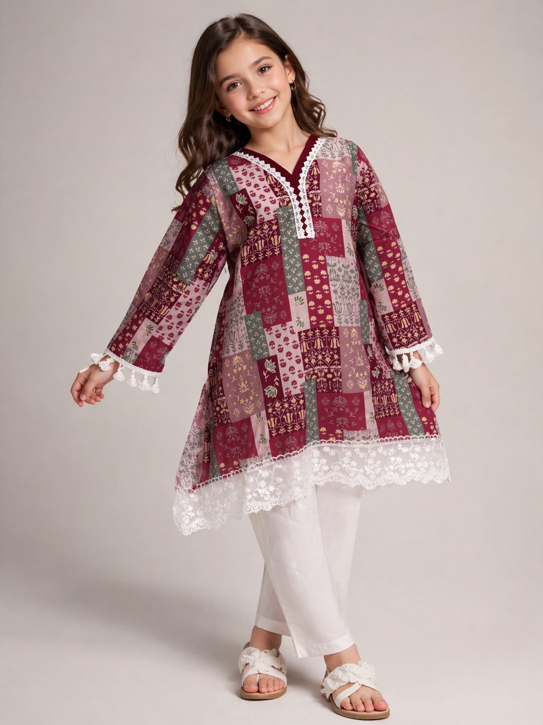 Cotton Printed Lace work frock set 1529 Pink