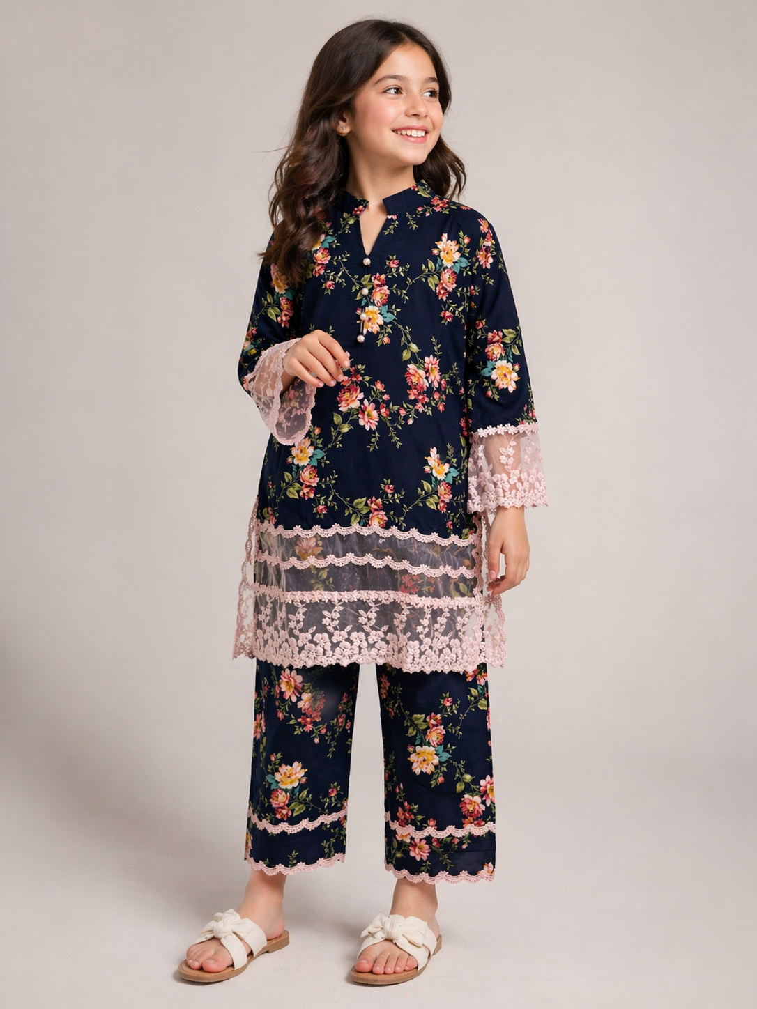 Cotton Printed Lace Work kurti set 1532 blue