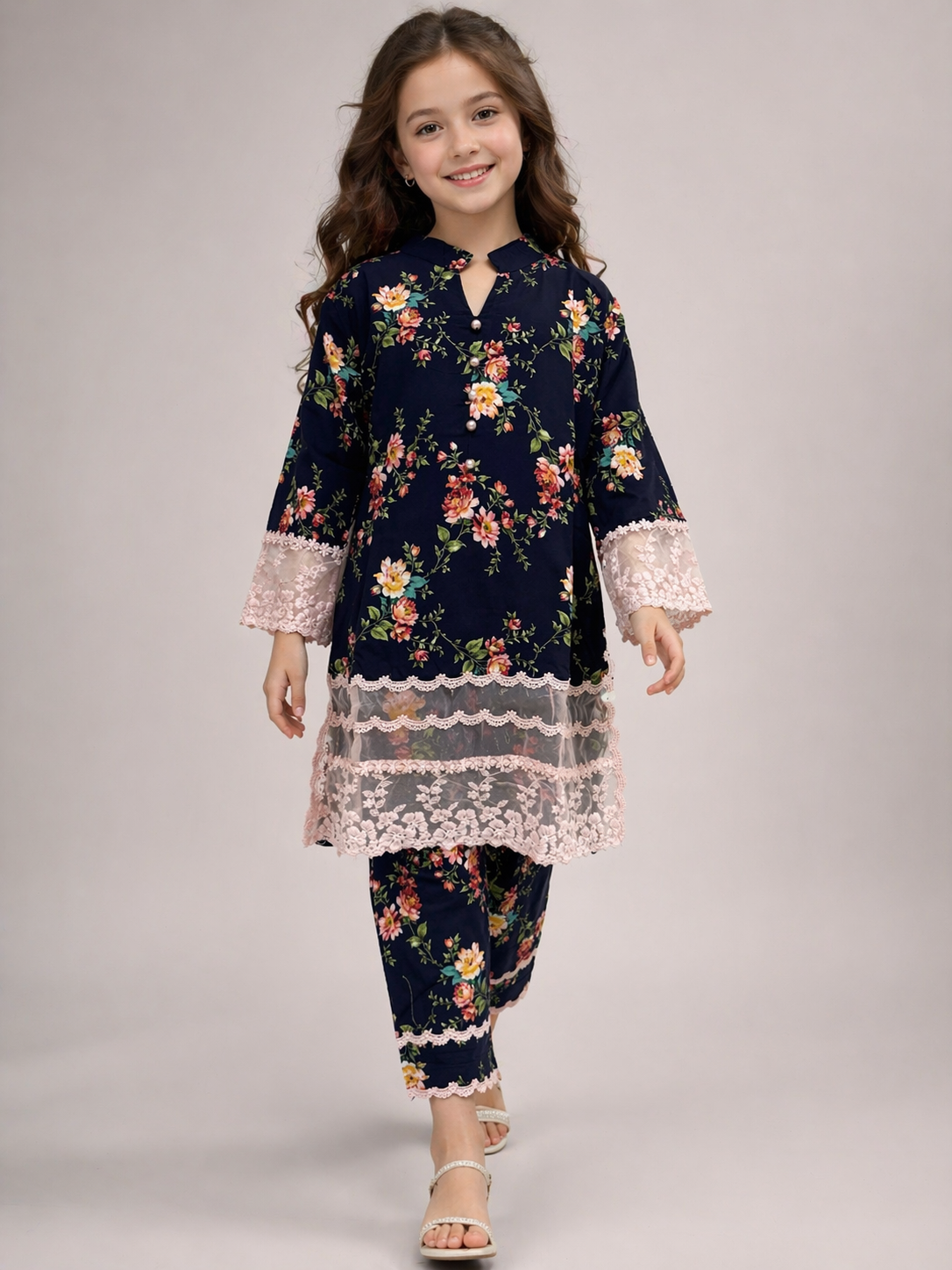 Cotton Printed Lace Work kurti set 1532 blue
