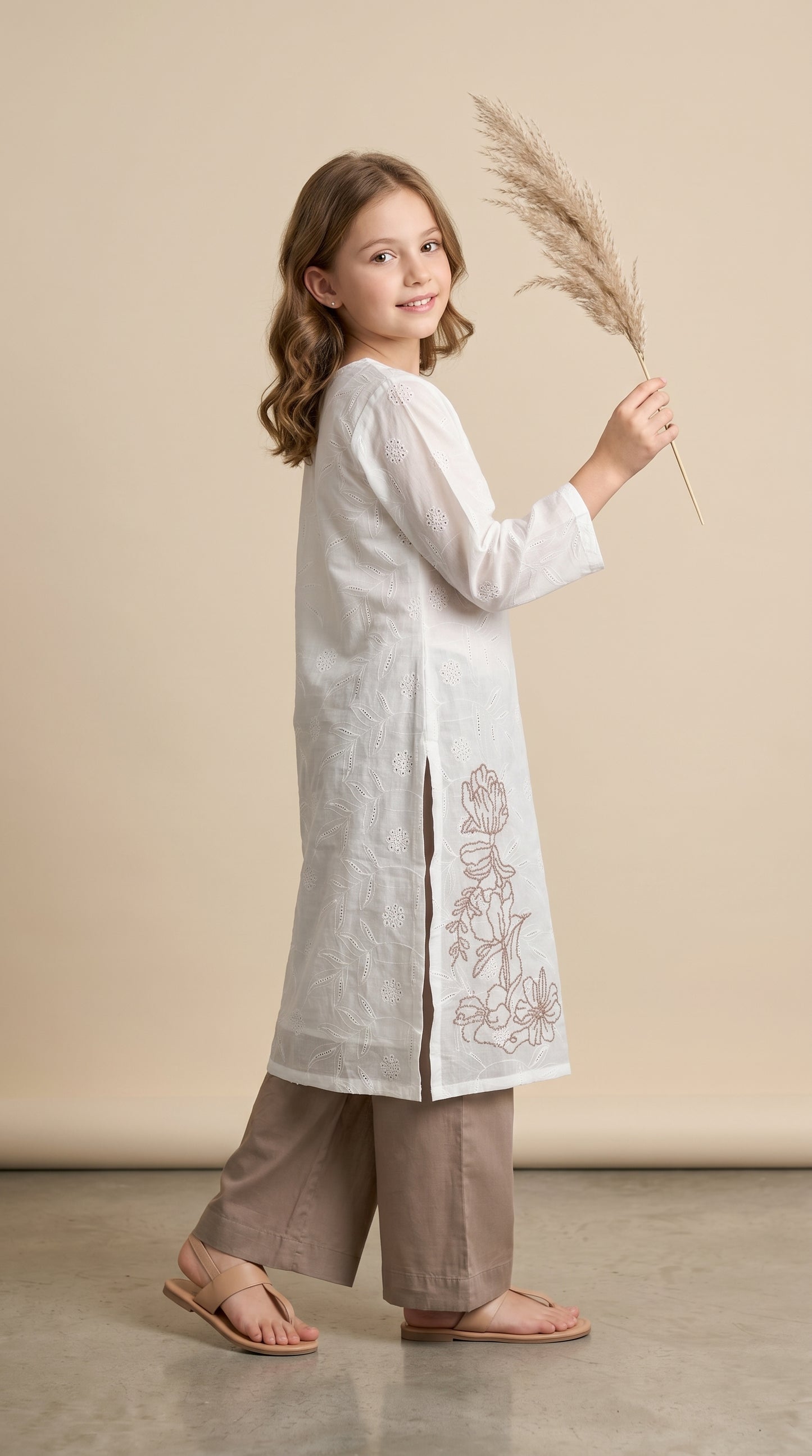 Cotton Embroidery Kurti Set 1534 Brown