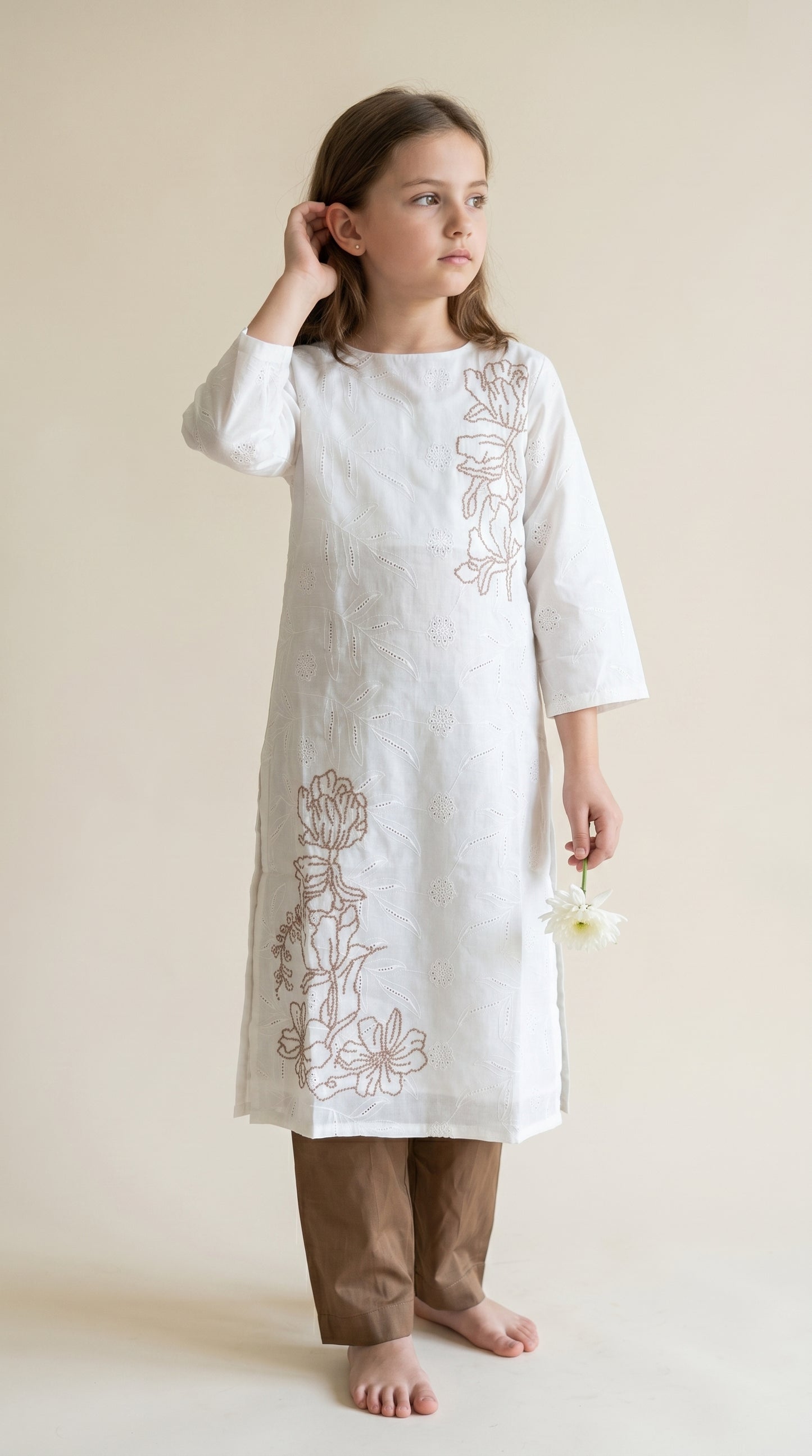 Cotton Embroidery Kurti Set 1534 Brown