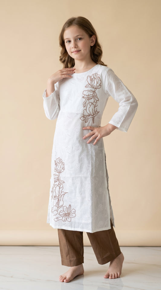 Cotton Embroidery Kurti Set 1534 Brown
