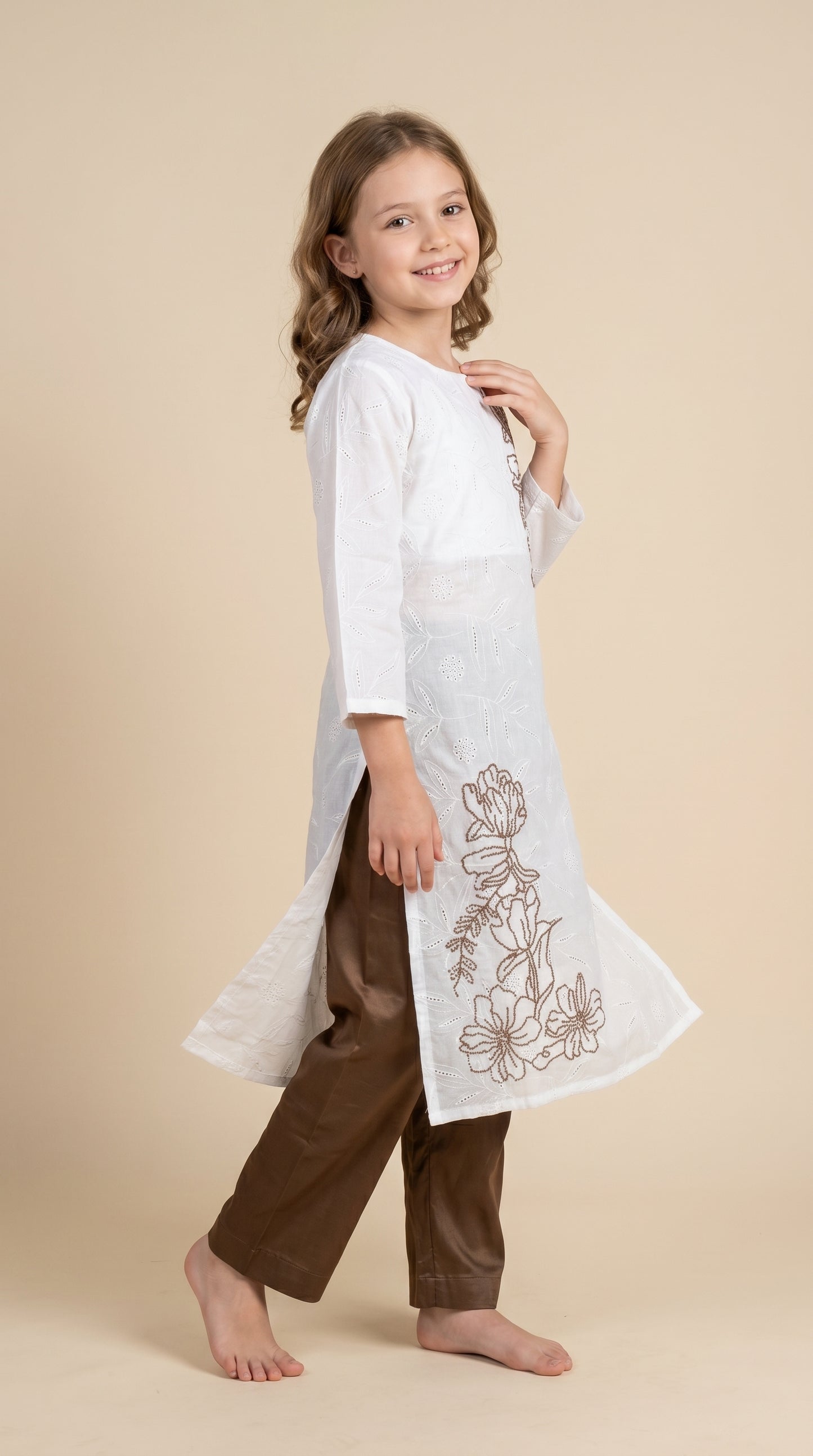 Cotton Embroidery Kurti Set 1534 Brown